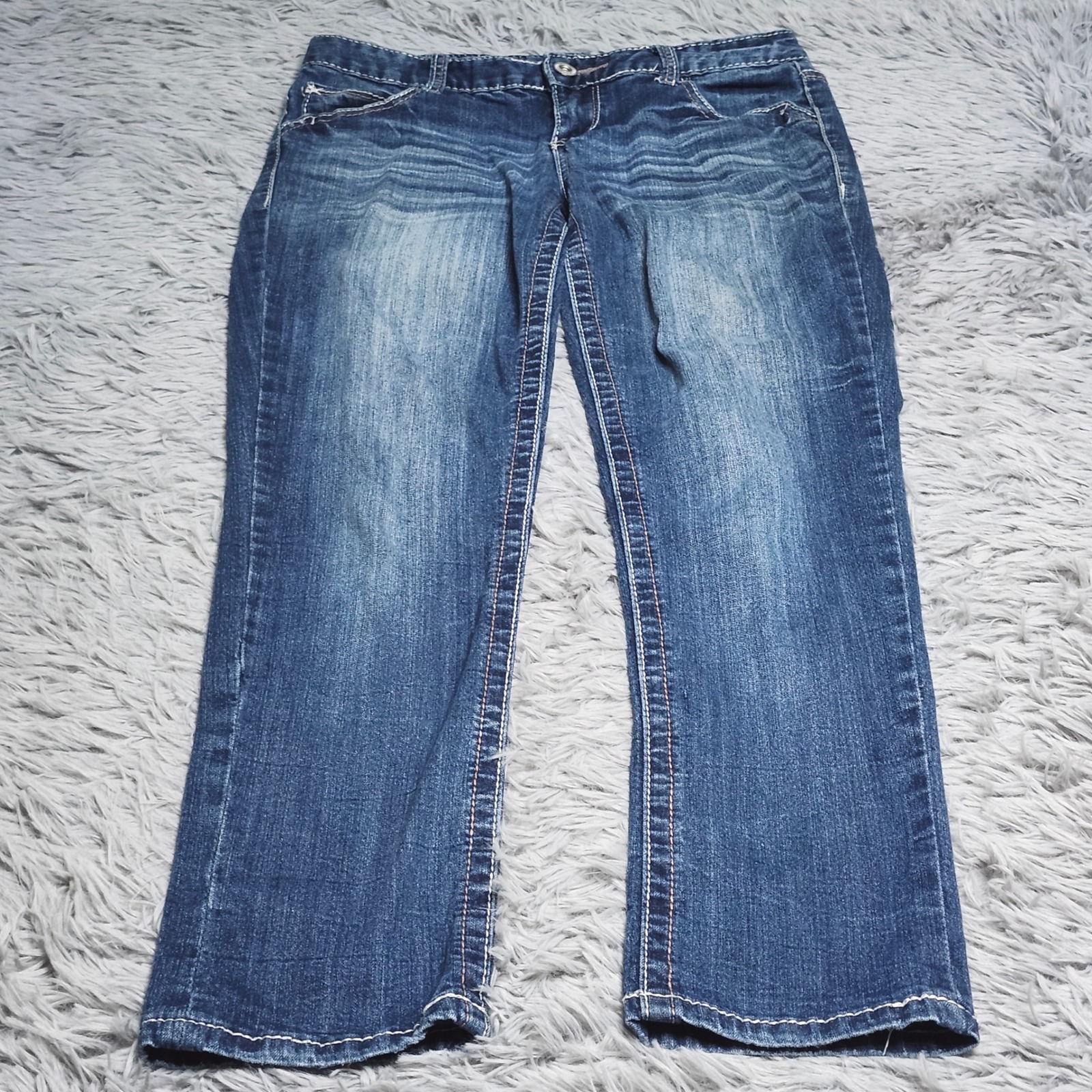Rhythm In Blues Jeans Womens 2 Short Blue Denim Bootcut Stretch Thick Stitch